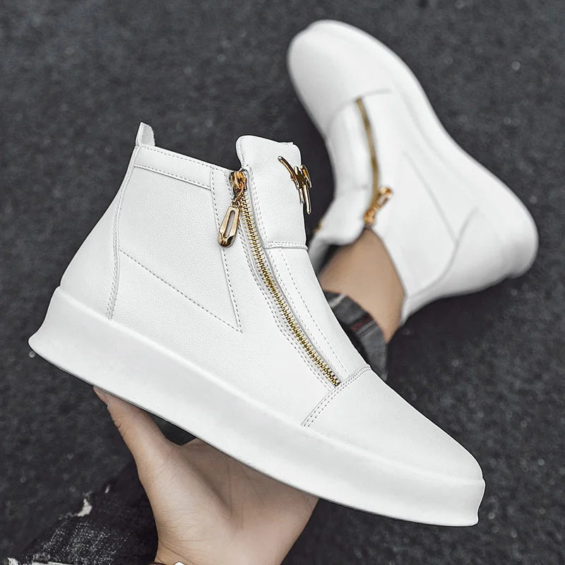 Men's High-top Boots Designer Zip Leather Sneakers White Platform Casual Shoes