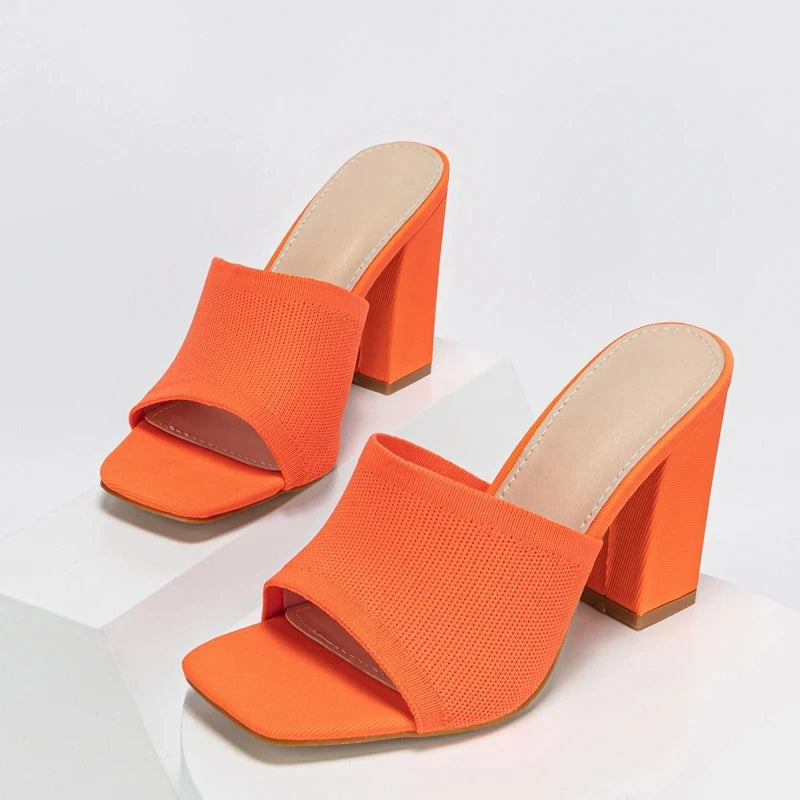 Plus 35-42 Stretch Fabric Women Slippers Fashion Square Toe Mule Slides Shoes 2024 Summer Female Sandals