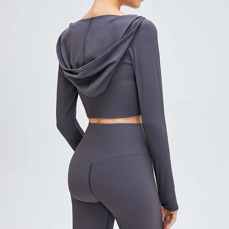 High Quality Ribbed Long Sleeve Workout Hoodie Crop Tops Outdoor Training Fitness Gym Shirts Women's Pullover Cropped Hoodies