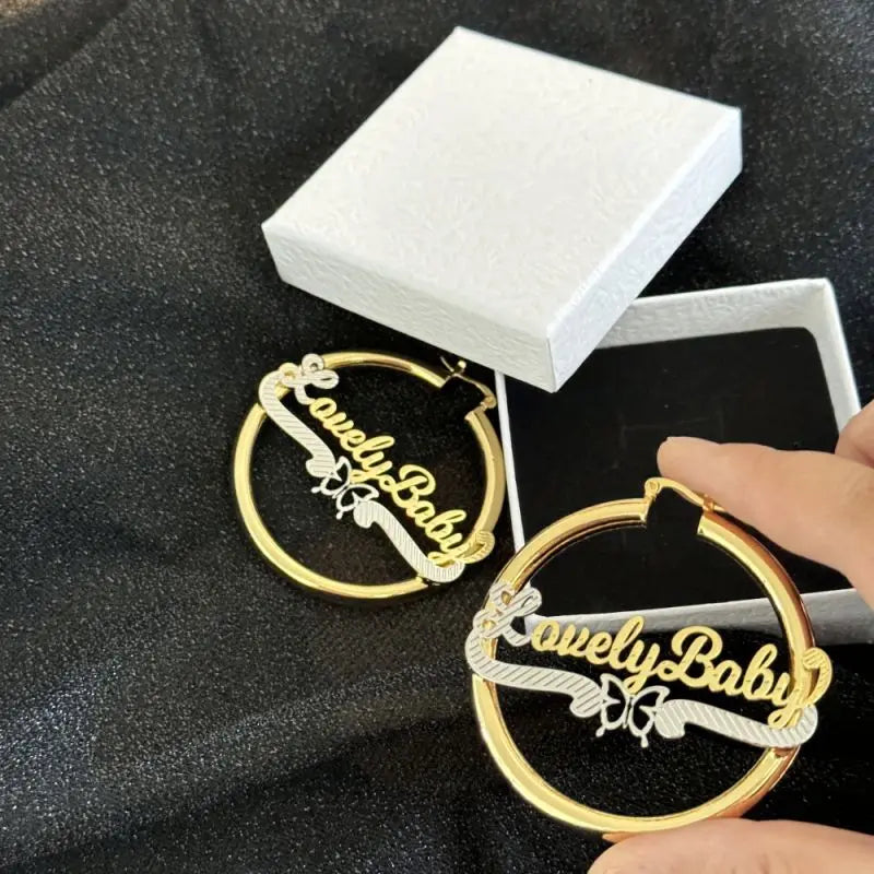 Personalised Double Color Nameplate Earring Stainless Steel Round Earrings Custom Butterfly Name Hoop