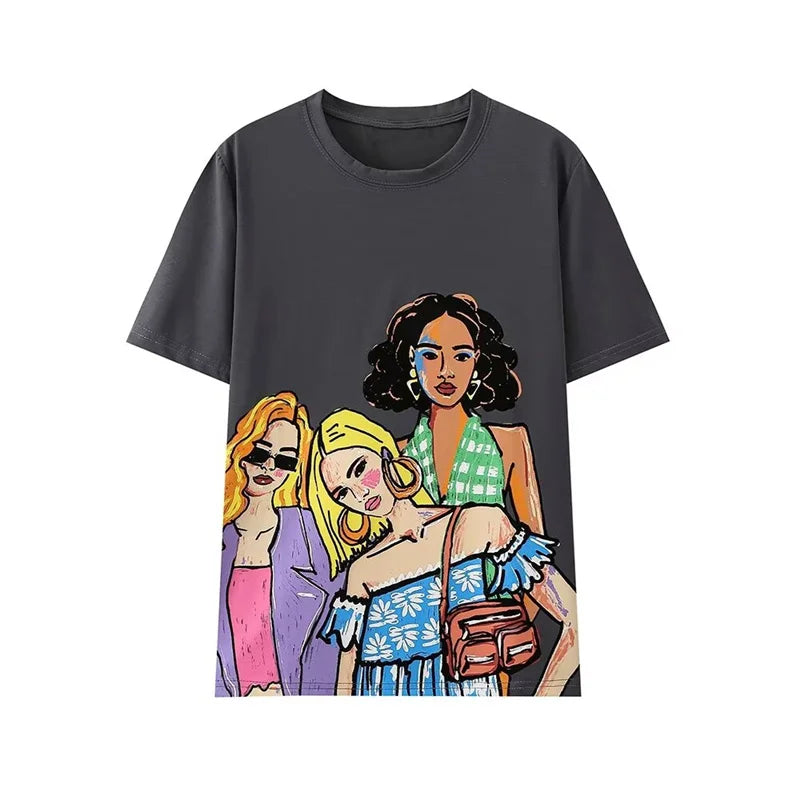 TAOP&ZA Women's 2024 Summer New American Retro Loose Print Washed Effect Short Sleeve T-Shirt 1131326