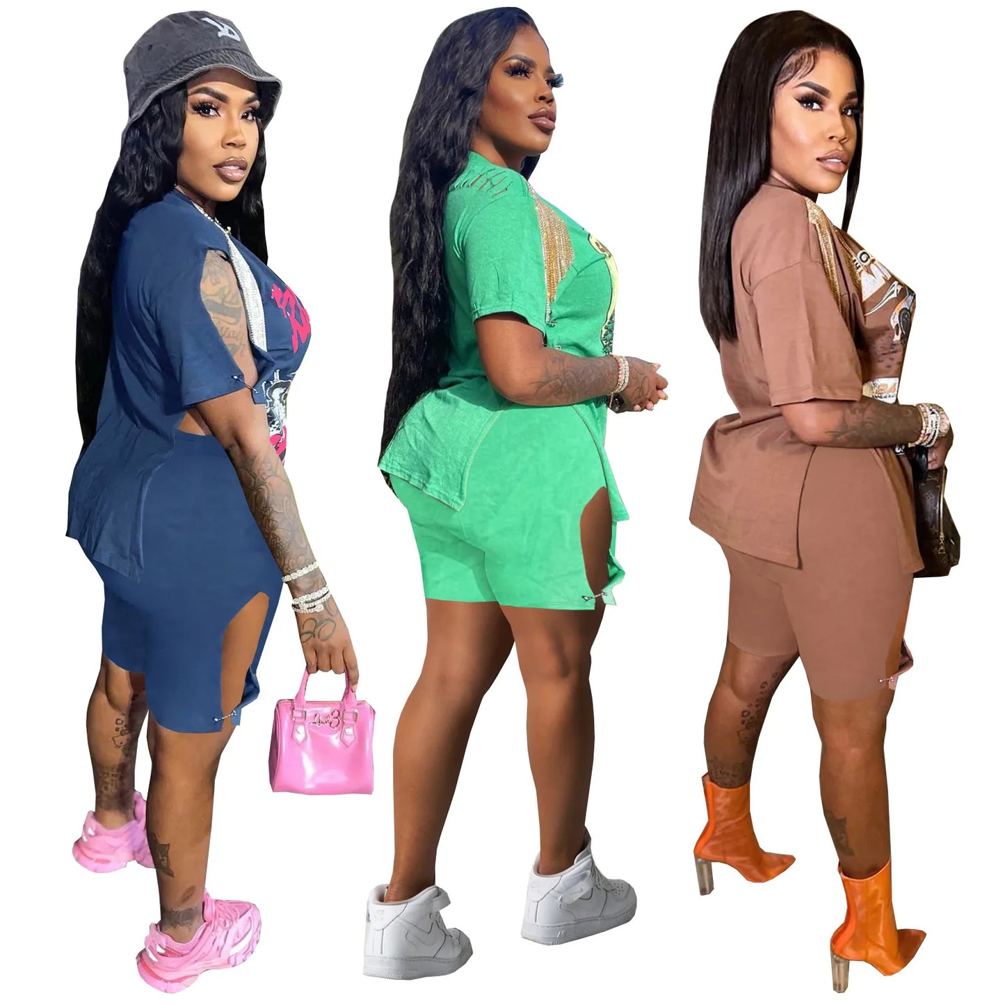 YP Fashion Women's Summer Casual Hip Hop Street Two Piece Set Sexy Graphic Chill Outfits with Tassel Knee Length Solid Pattern