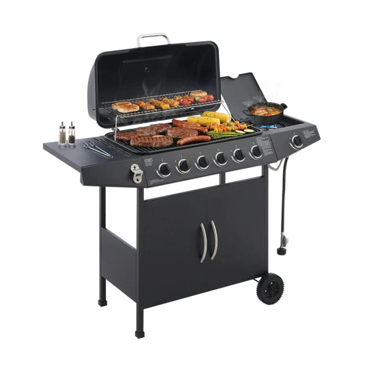 Overseas Stock Free Shipping 6 Burner BBQ Propane Gas Grill with Side Burner 59000 BTU Output Stainless Steel Barbecue Grill