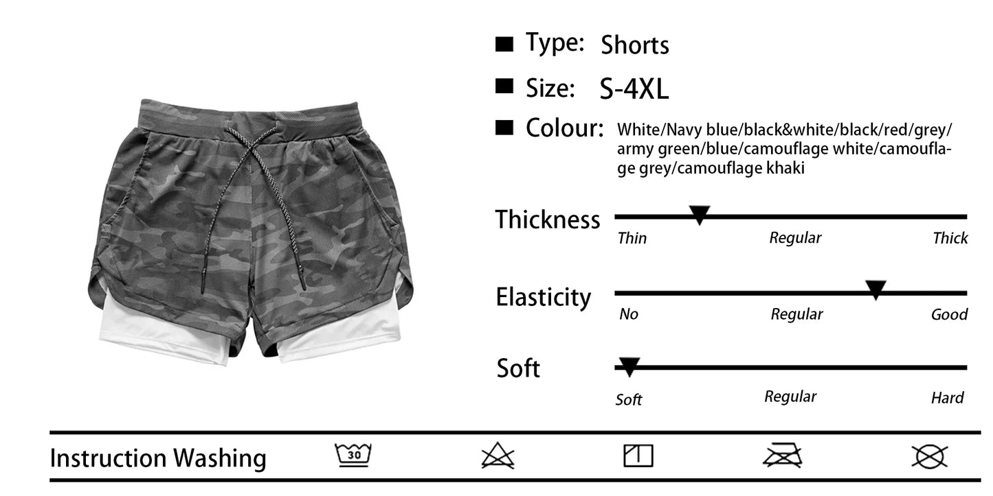 Men's 2-in-1 Camo Quick Dry Yoga and Running Shorts Compression Inner Layer Gym Fitness Jogging Pants