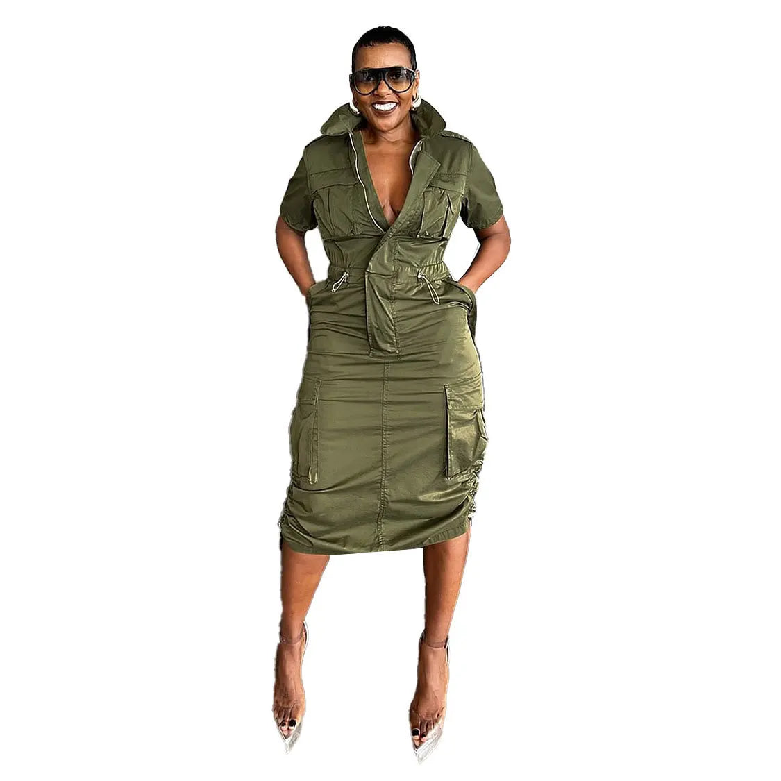 K3320 High-Quality Streetwear Casual Dresses Women Multiple Pockets Drawstring Cargo Summer  Dress for Women