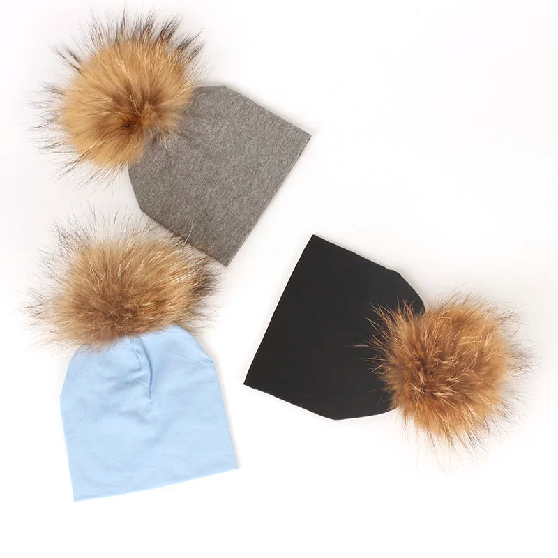 Geebro 0-3 Month Baby Boys Soft Cotton Real Fur pompom Beanies Hats For Newborn Girls Spring Autumn Kids Infants Toddler Hats