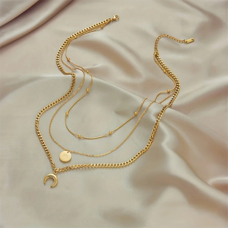 Stainless Steel Golden 3 Layer Shine Crescent Moon Pendant Necklace Women Trend Chain Neck Jewelry Gift