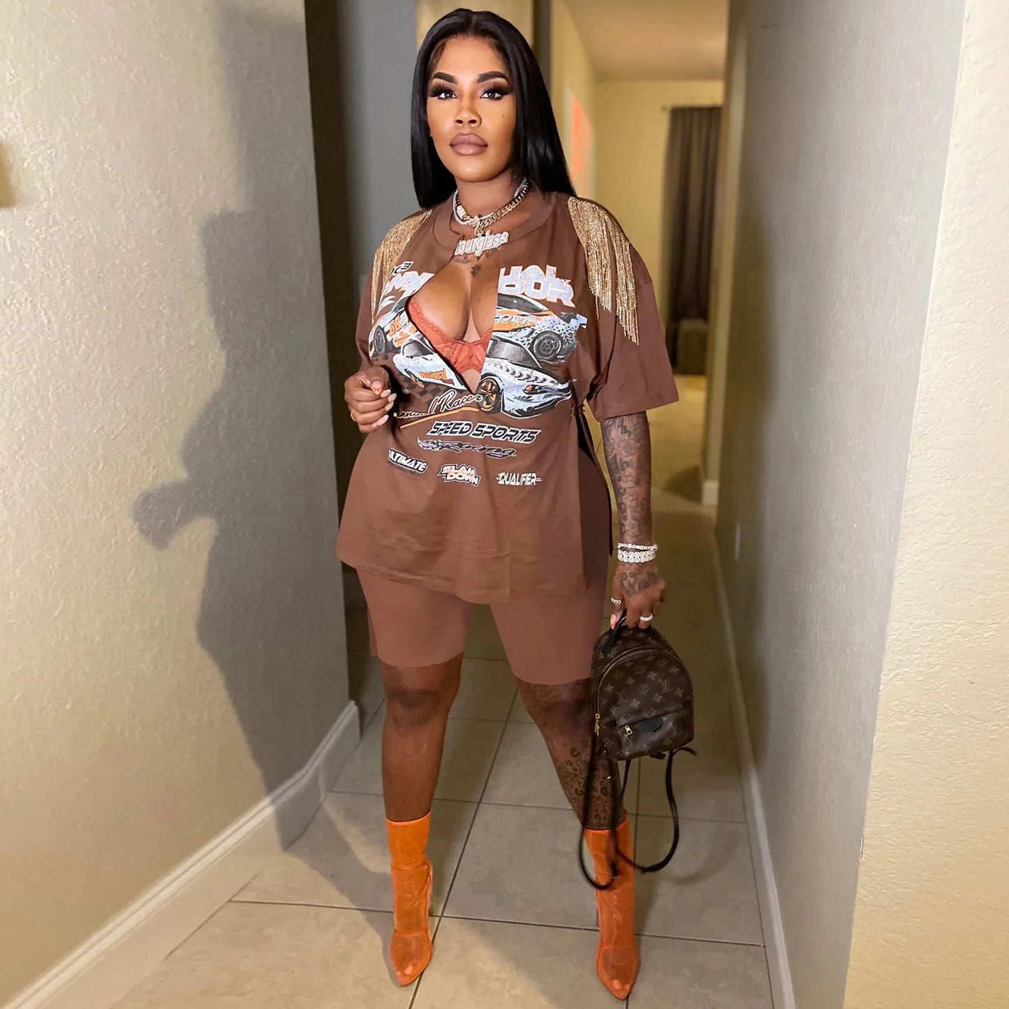 YP Fashion Women's Summer Casual Hip Hop Street Two Piece Set Sexy Graphic Chill Outfits with Tassel Knee Length Solid Pattern