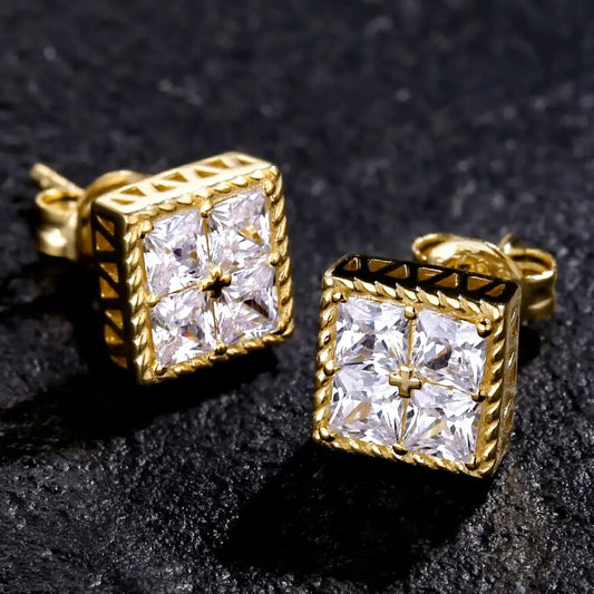 BIG Large 8mm Hip Hop Men Iced Out Earring S925 Sterling Silver Square Cubic Zirconia 14K White Gold CZ Stud Earring Womens