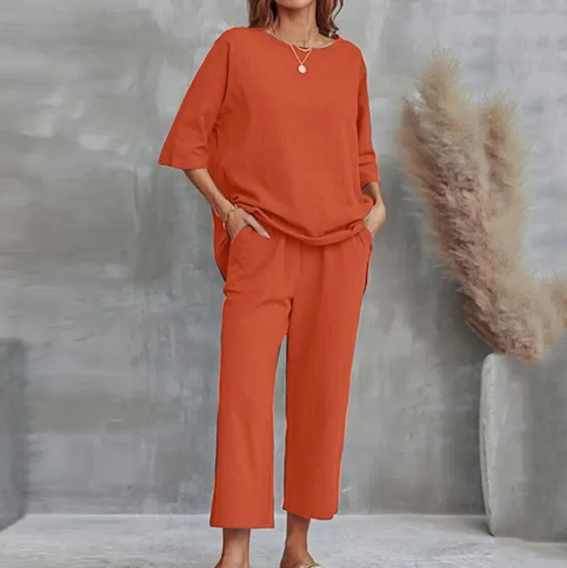 S-4XL Summer Plus Size Women Cotton Loose Elegant Short Sleeve Trousers Two-piece Set Solid Color Breathable Women Casual Suits