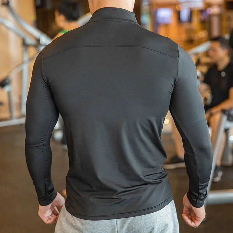 Compression T-shirts Men Fitness WearCustom Long Sleeve Zip Gym Workout Clothing