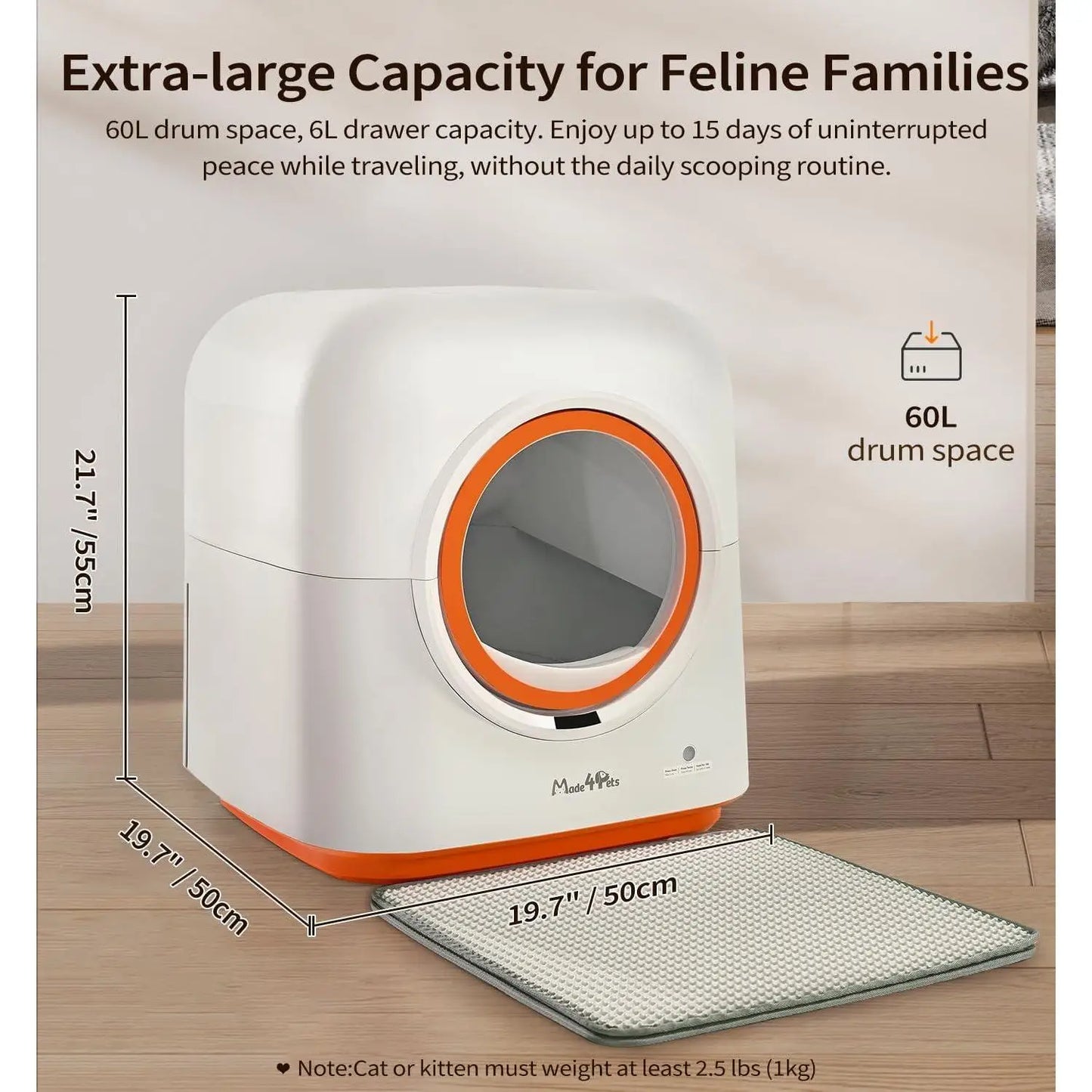 Made4Pets Smart Cat Litter Box 60L 10kg Sand Square Automatic Self-Cleaning with App Control for Indoor Cats