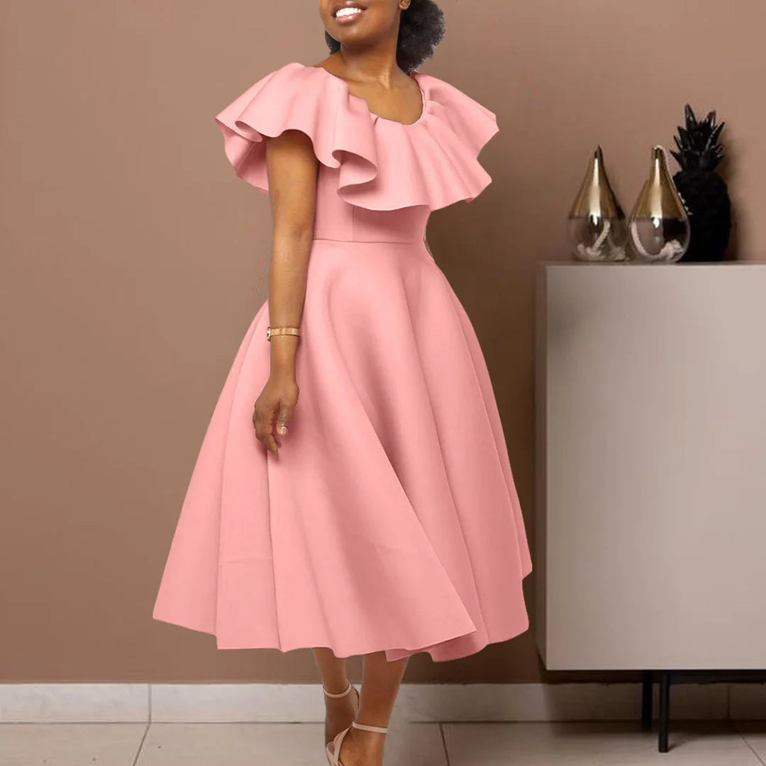 Plus Size Summer Fashionable and Elegant Solid Color Ruffle Edge Banquet Mid Length Large Swing Dress Plus Size Women'S Dress