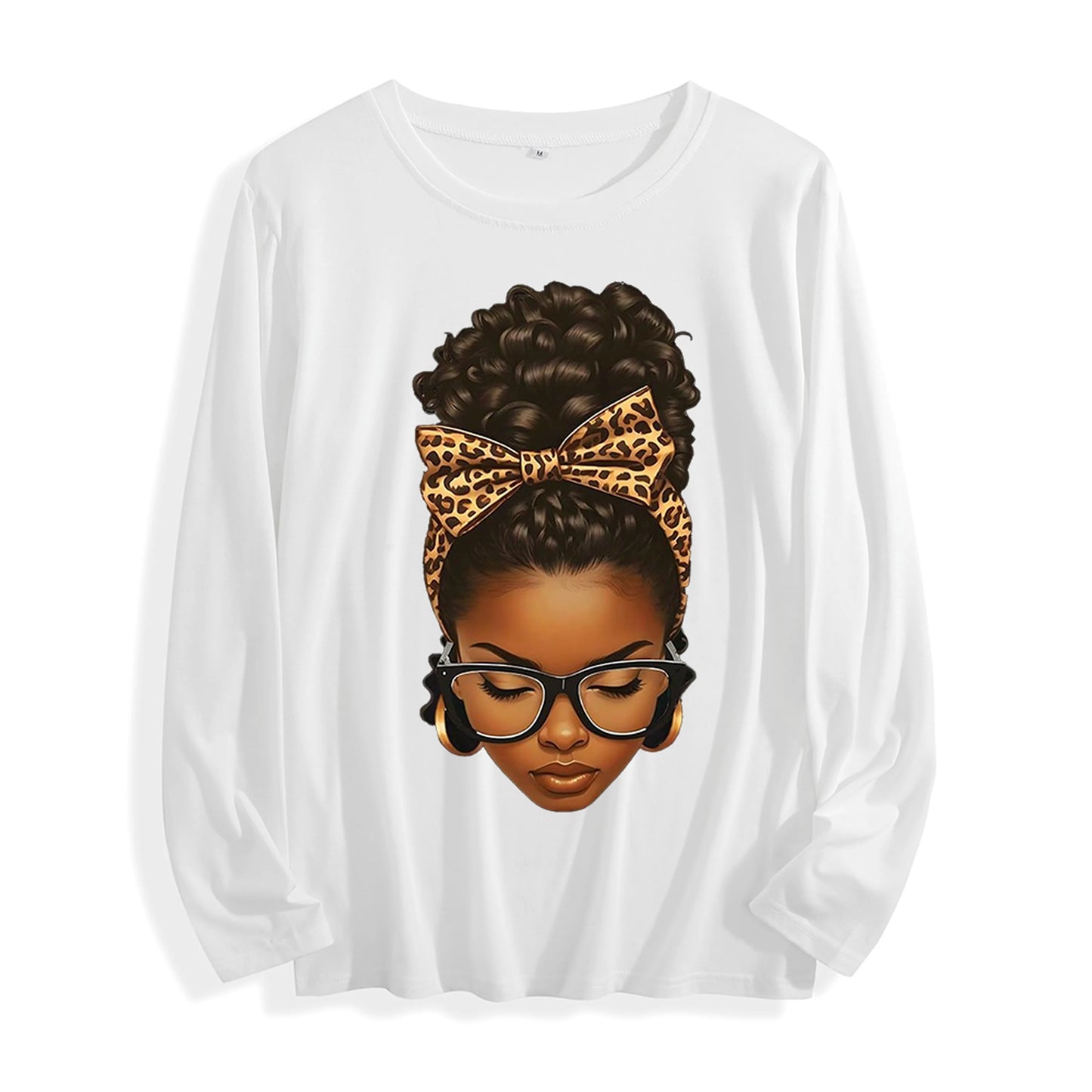 100% Cotton "Leopard Bow Curly Hair Graphic" Long - Sleeve T - Shirt, Multi - Colors