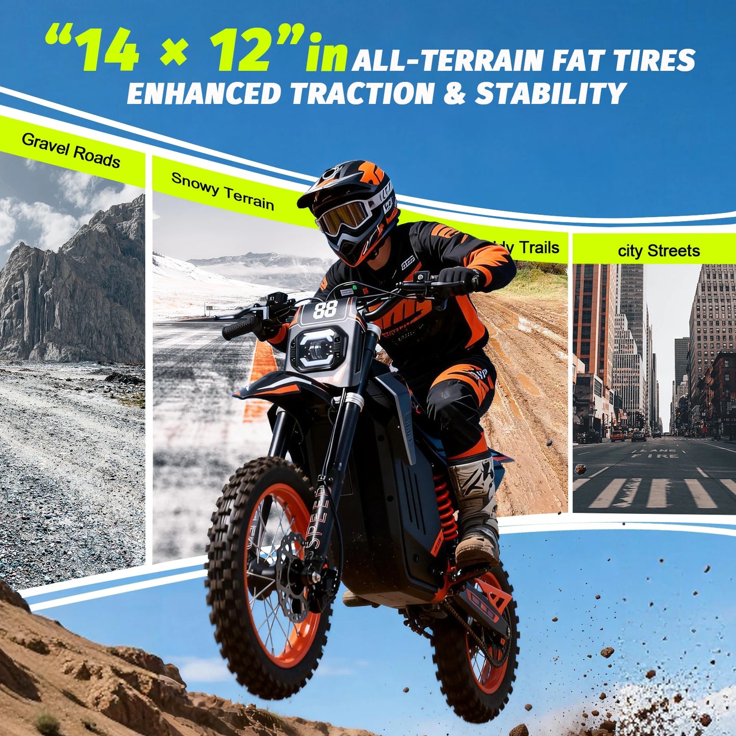 FREEBOY Offroad E-bike with Dual Hydraulic Disc Brakes and Shock Absorption Versatile 3-Speed Electric Dirt Bike for Outdoor
