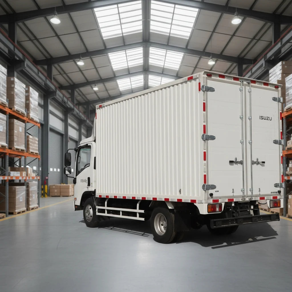 Isuzu ELF KV100 4*2 Diesel Van Cargo Truck 5-10 Ton Light with Rear Steering Left Box Truck for Express Transportation