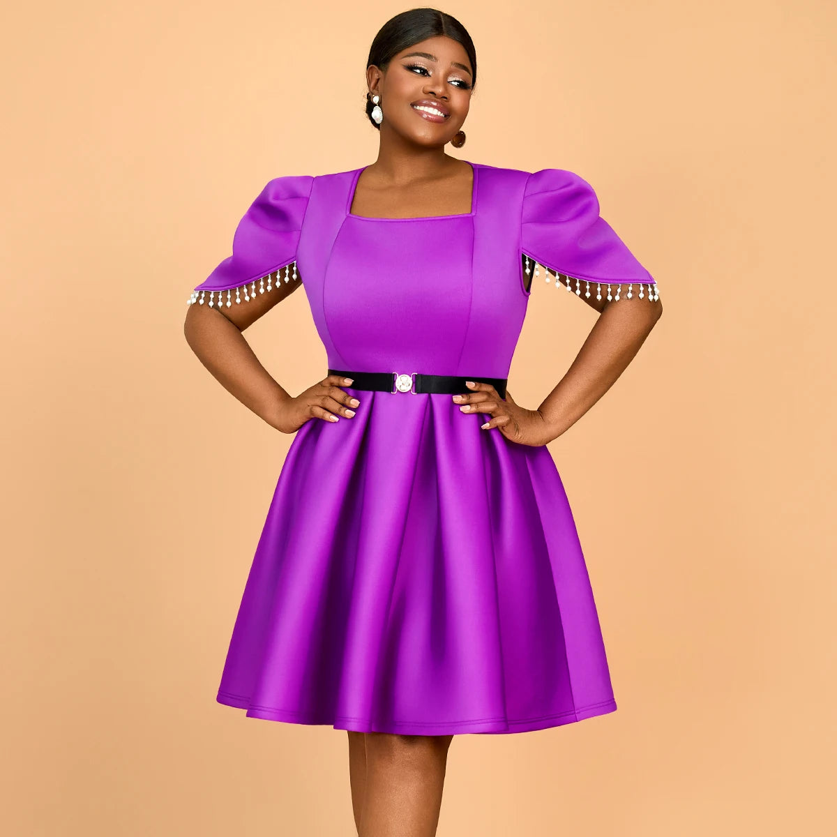 AOMEI Square Neck a Line Puff Sleeves with Beading Elegant Lady Birthday Purple Party Casual Dress with Black Belt