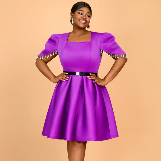AOMEI Square Neck a Line Puff Sleeves with Beading Elegant Lady Birthday Purple Party Casual Dress with Black Belt