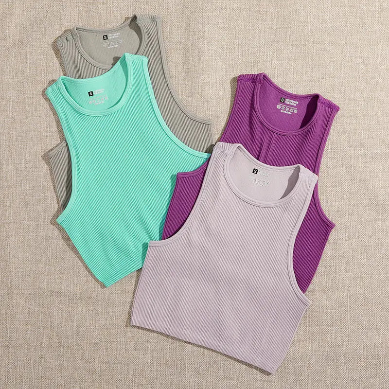 Crop Top Women Solid Basic T-shirts Vest Seamless Streetwear Elastic Rib-Knit Sleeveless Casual Tank Tops Female