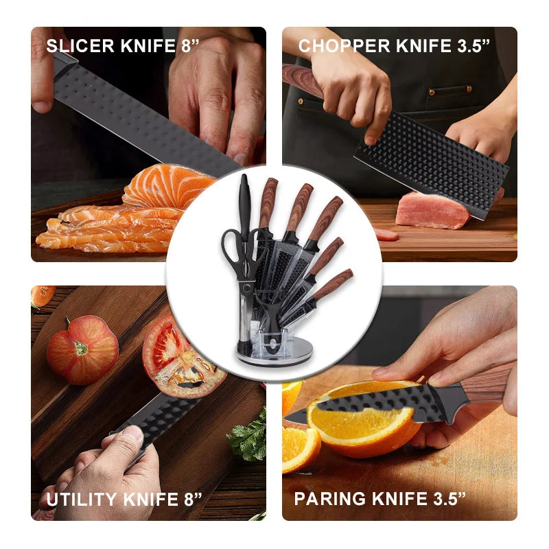 High Quality 9-Piece 3cr13 Stainless Steel Kitchen Knife Set With Wooden Handle Sharp Blade Slicing Knives for Home Restaurant