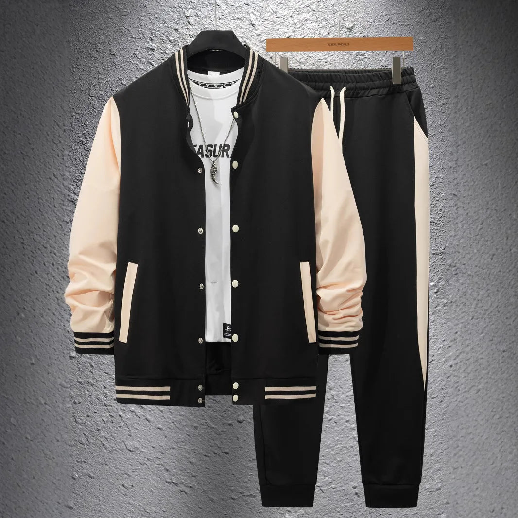 Ohsisa 2025 Men Spring Autumn Sports Set Baseball Jacket Coat Long Sleeve Button Cardigan Two Piece Set Long Pants Suits