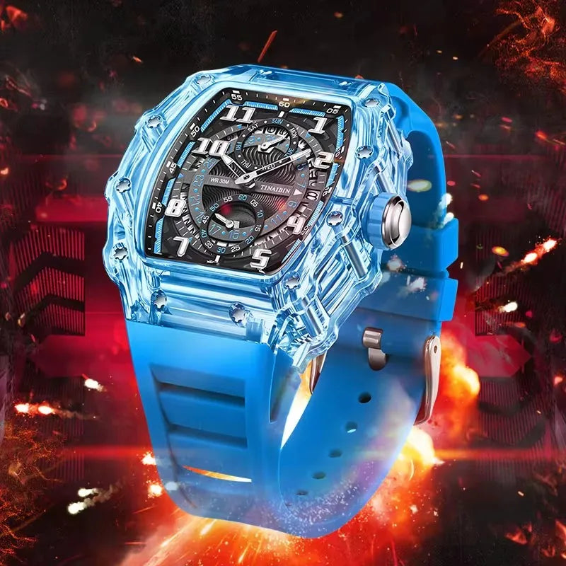 TINAIBIN Men's Watch 2024 New Design Transparent Tonneau Watch for Men Waterproof Luxury Sport Out Door Wristwatch Montre Homme