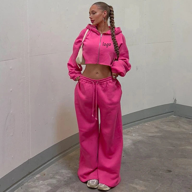 Women Casual Loose Sports 2 Piece Sweatpants Set Long Sleeves Zipper Hoodie and Wide Leg Pants Matching Set