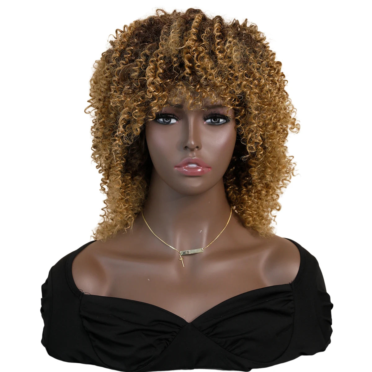 Short Curly Afro Wigs for Black Women, Soft & Natural Kinky Curly Wig, Glueless Synthetic Wig with Bangs, Natural Black Wig 16"