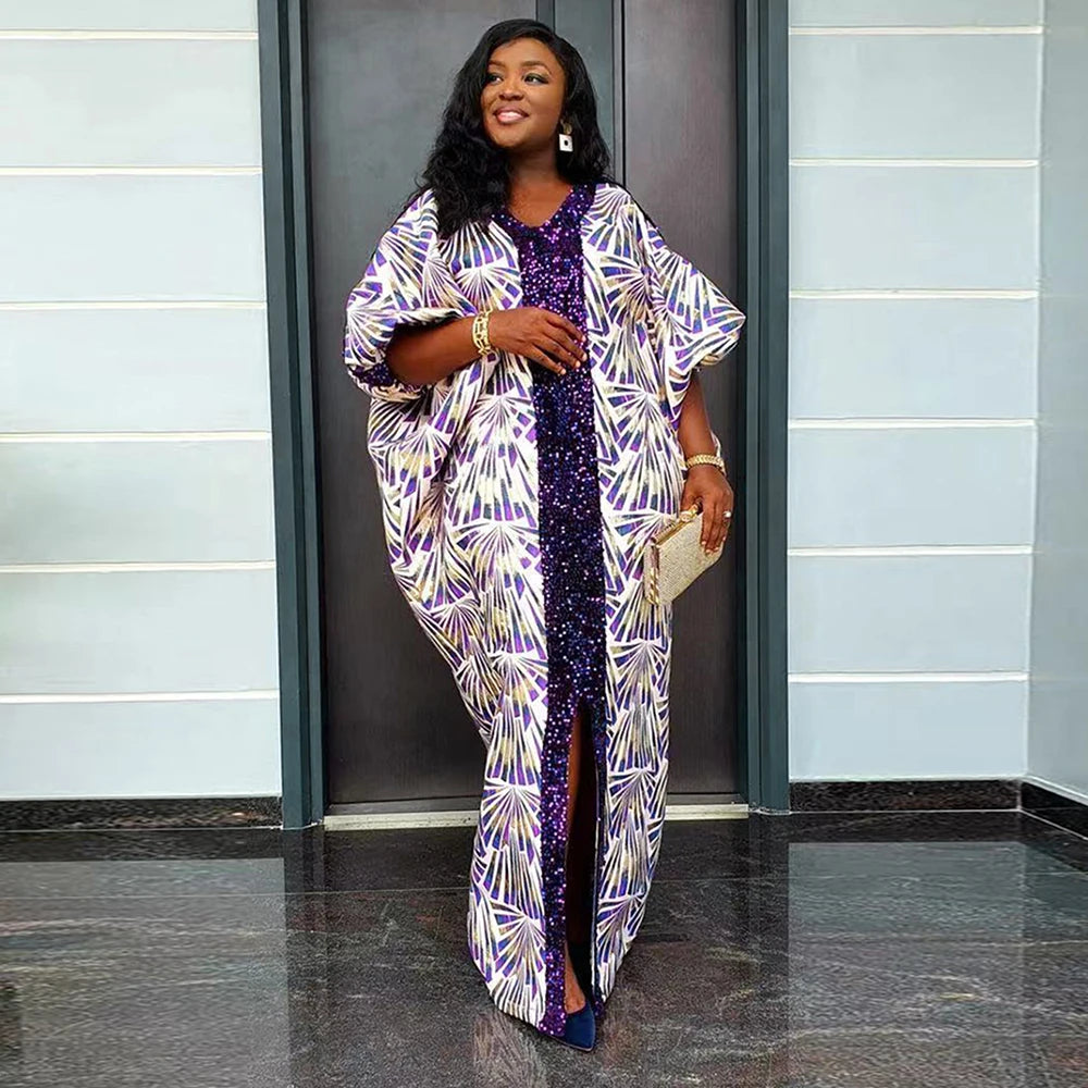 New Fashion Women Africa Summer Spring Short Sleeve Robe Printing Patchwork Sequin V-neck Long Dress Muslim Casual Dresses