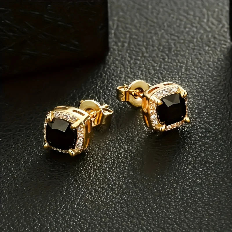 USA Stock Square Black Stud Rectangle 5A+ Cubic ZIRCON 14K Gold Plated Jewelry Aretes De Hombre CZ Diamond Earring for Men Women
