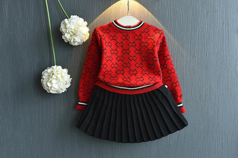 2025 Spring Autumn New Style Custom Print 2-Piece Set for Kids Sweet Cotton Sweater with Pleated Skirt for Little Girls