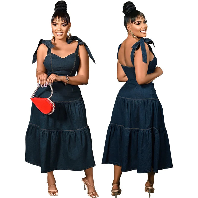 21838 Plus Size 5Xl Blue Denim Sleeveless Casual Loose A-Line Maxi Dress Summer High Quality Tank Top Maxi Dress