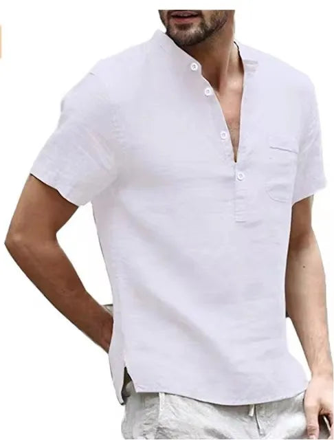S-5XL High Quality New Men'S Linen V Neck Bandage T Shirts Male Solid Color Shorts Sleeves Casual Cotton Linen Tshirt Tops