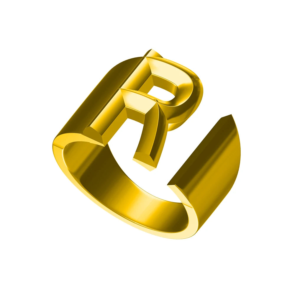 Letter Ring A-Z  26 Capital Letters Plated  Real 18K Gold Opening Adjustable Man Women Fashion Jewelry Rings