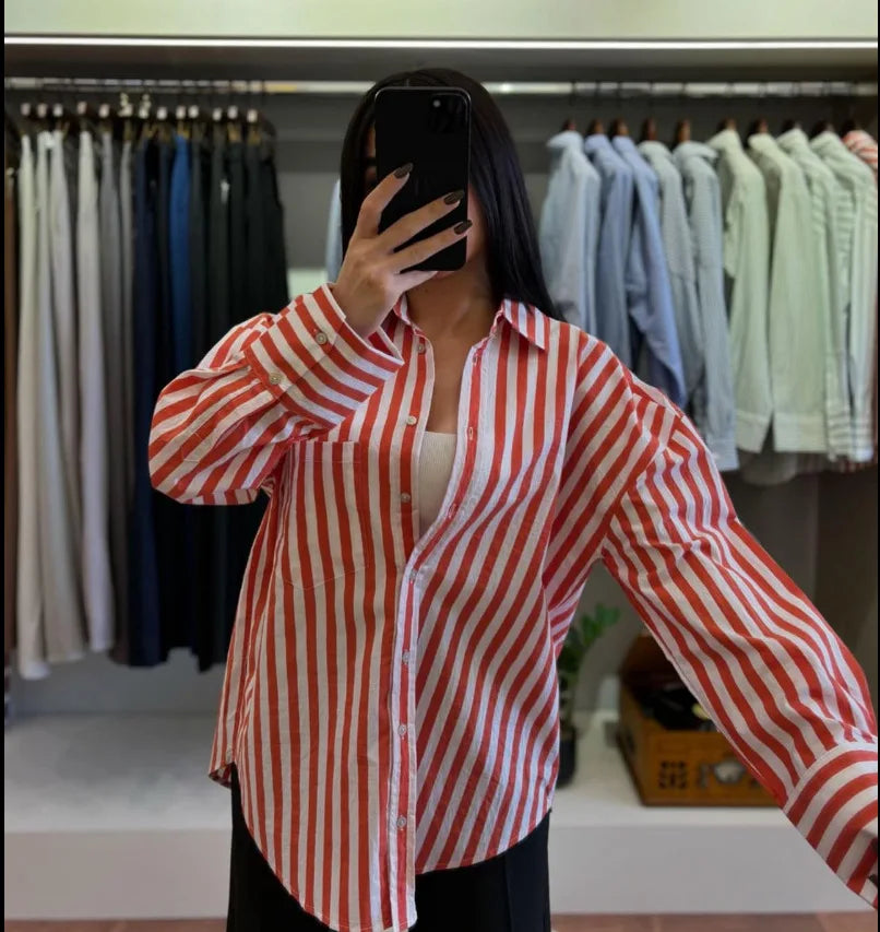 2026 Summer New Fashionable Casual Long Sleeve Striped Satin Women's Shirt, Suitable for Daily Wear, Spring and Autumn XXL Size