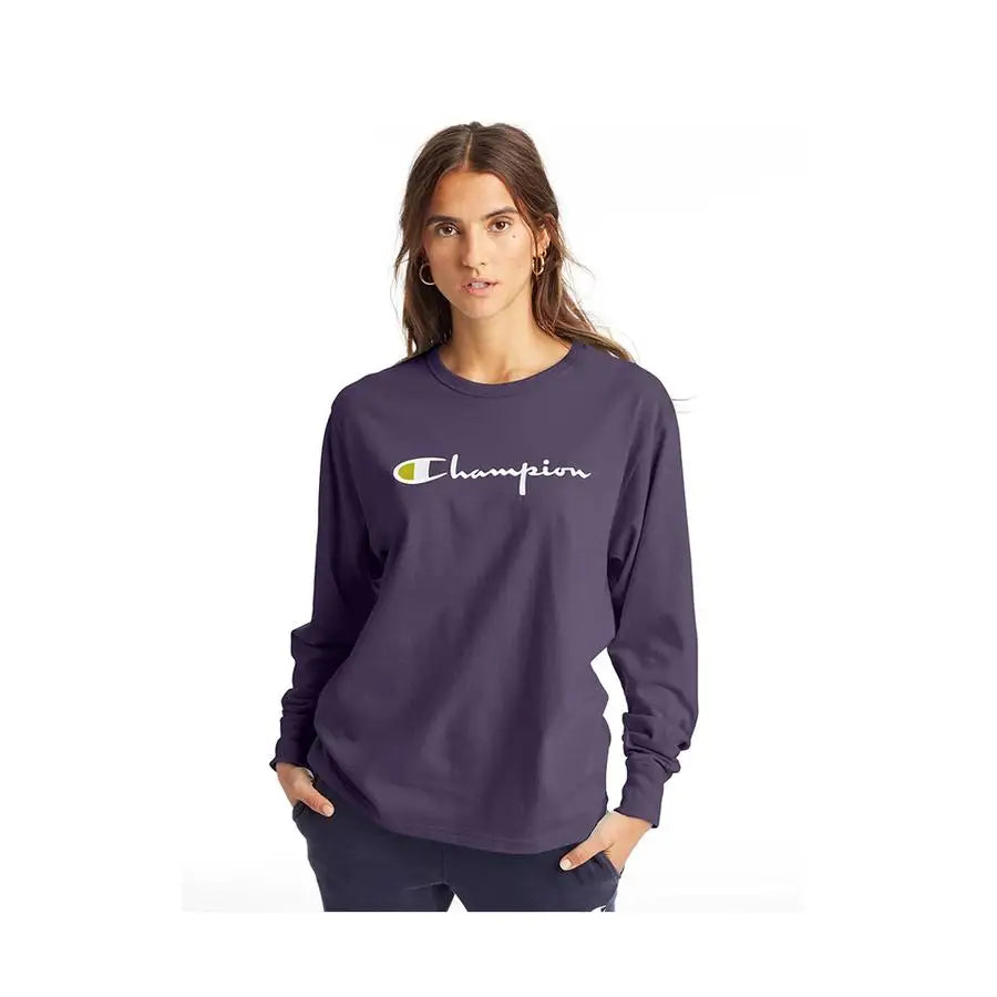 Champion Life Boyfriend Script Long-Sleeve Womens Active Shirts & Tees Color: Purple Pebble | 100% Authentic