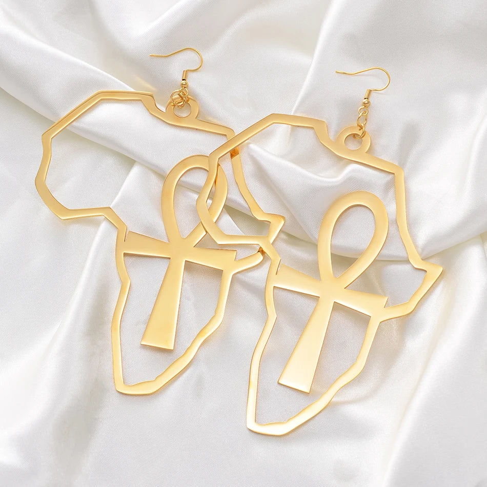 Anniyo African Map Big Ankh Earrings Exaggerate Larger Earring Africa Egypt Nile Key Traditional Ethnic Hyperbole  #154721