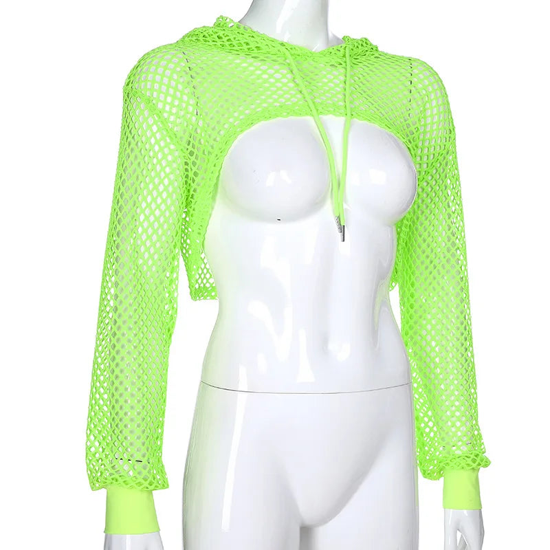 2022 New Spring  Streetwear Neon Green Mesh Fishnet Top Women Tshirt Perspective Long Sleeve Women's T-shirts Sexy Cropped Shirt