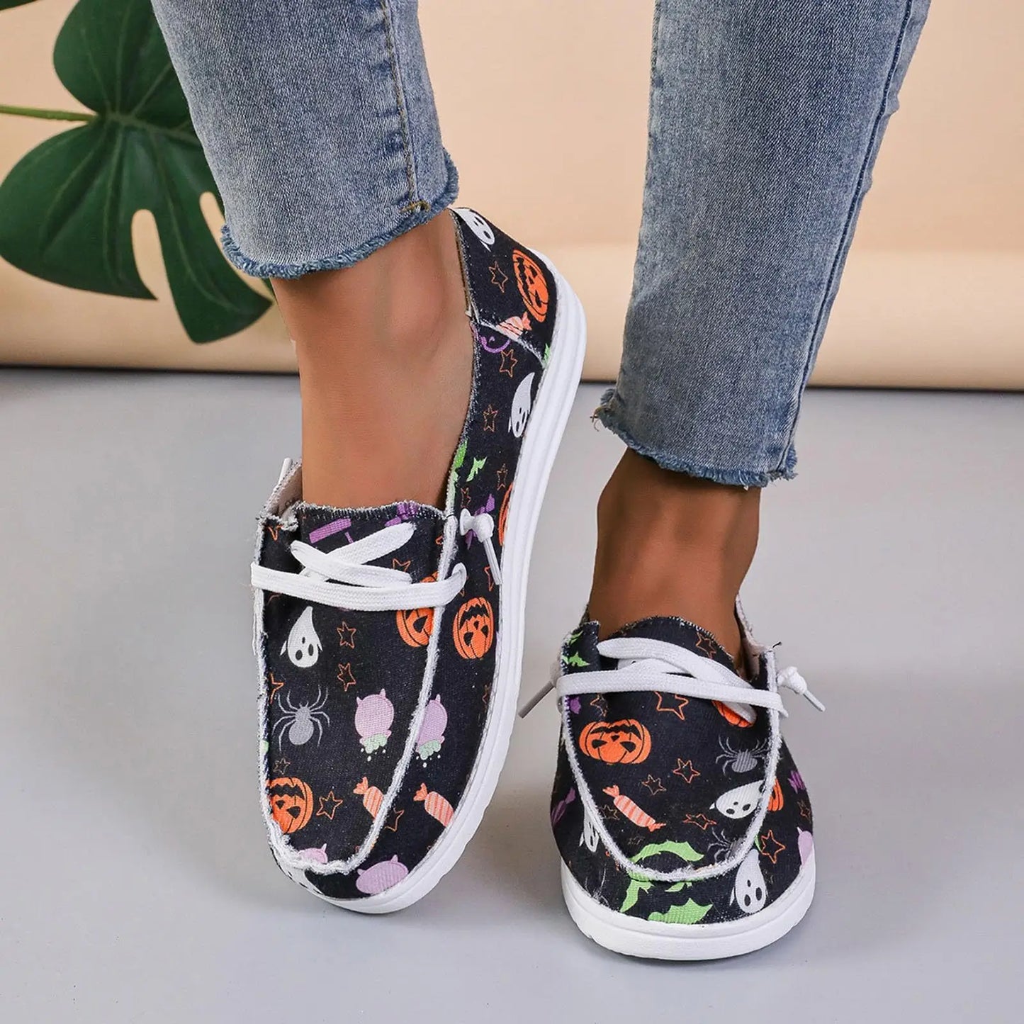 rola Halloween canvas shoes women's pumpkin print ghost pattern flat casual women's shoes