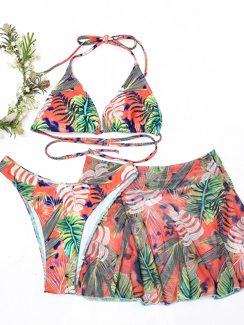 Bikini 2022 Skirt Swimsuit Women Print Swimwear Female Halter String 3 Pieces Set Sexy Bathing Suit Swimming Suit