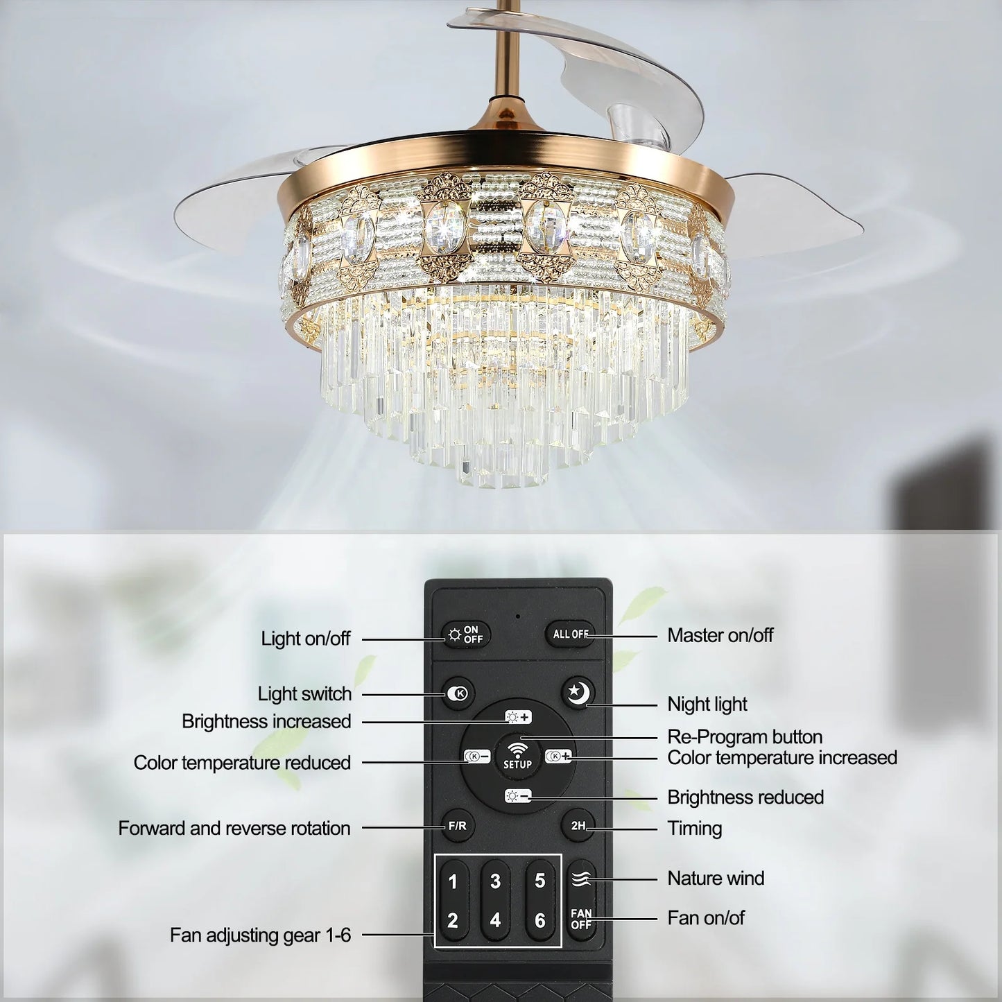 US Warehouse 42 Inch Retractable Chandelier Led Ceiling Fans With Light Home