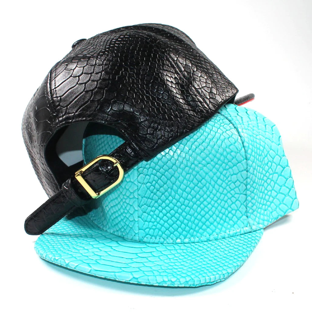 Wholesale Black Snakeskin PU Leather Common Fabric 6-Panel Fashion Cap-Logo Embroidered Adjustable Strapback Hat for Unisex