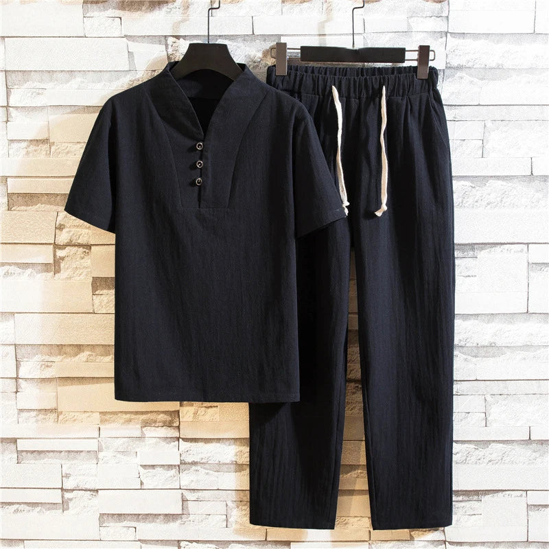 Custom New Fashion Men's Summer Suit - Large Size Chinese Style Loose Retro Casual Two Piece Set with Traditional Design