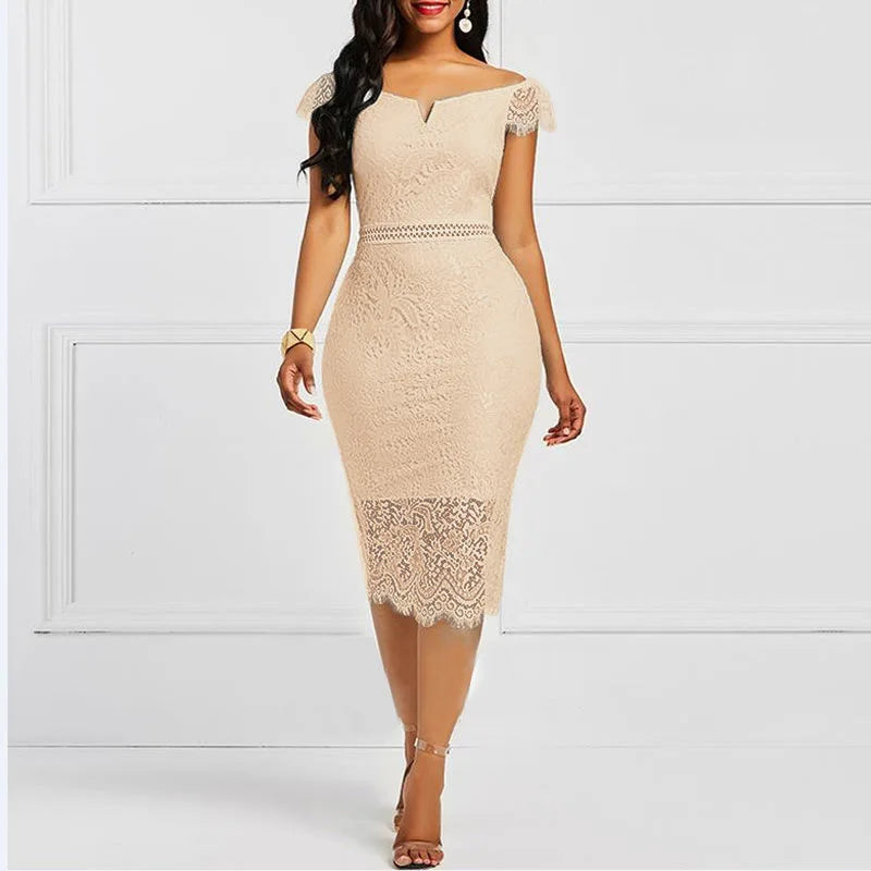 New Fashion Women Sleeveless Off Shoulder Back Zipper Lace Girls Solid Slim Pencil Casual Party Evening Dress