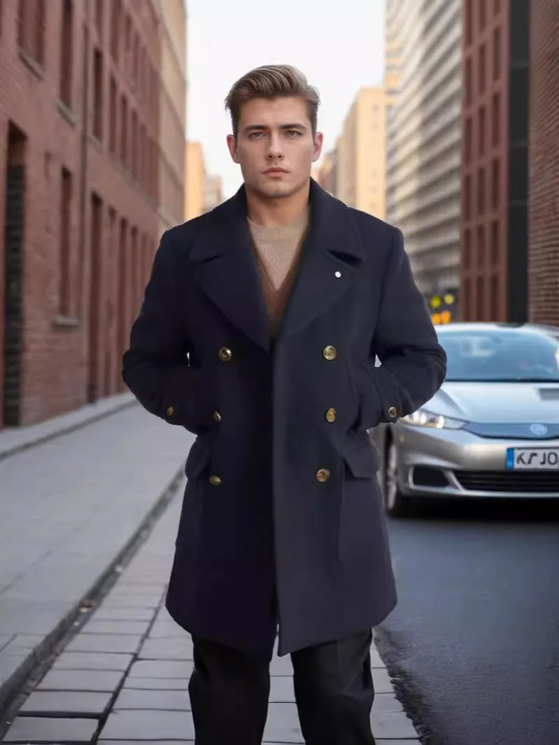 Fashion Men Fall Winter Trench Coat Long Sleeve Coat Notch Collar British Style Mid Length Men Jacket
