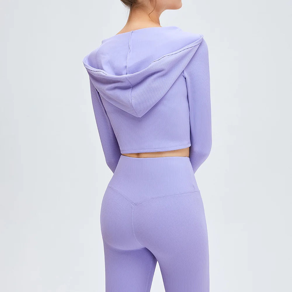 High Quality Ribbed Long Sleeve Workout Hoodie Crop Tops Outdoor Training Fitness Gym Shirts Women's Pullover Cropped Hoodies