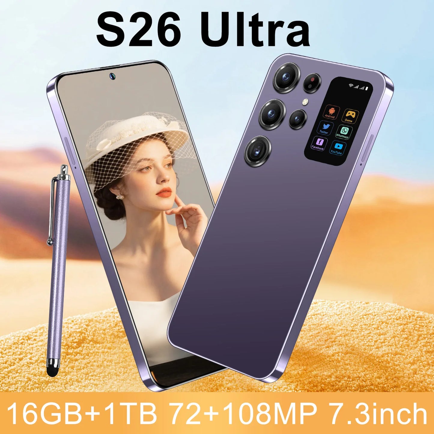 Face Recognition Unlock Original S26 Ultra 5G Smart Mobile Phone 7.3-inch HD Screen 16GB RAM+1TB Storage Deca Core Processor