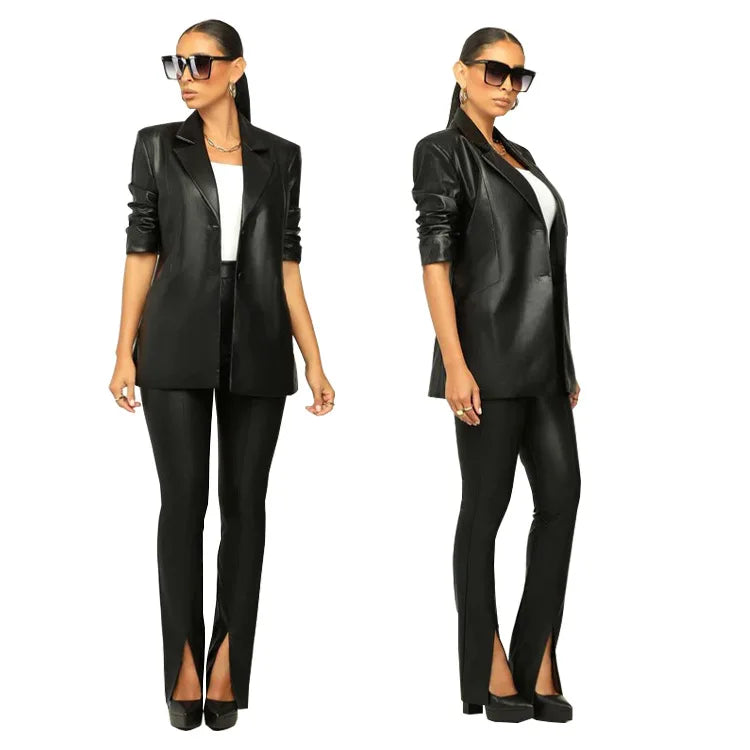 PU Leather Office Lady Women 2 Piece Set Notch Neck Blazer High Waist Pants Matching Set Autumn Work Wear Slim Tracksuits 10%