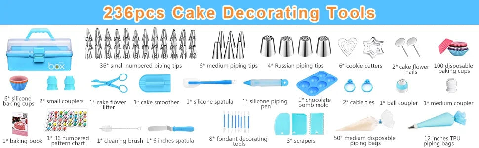 Professional Blue 236pcs Baking Pastry Tools Kit Cake Decorating Supplies Storage Case Piping Bags Icing Tips for Cupcake Adults