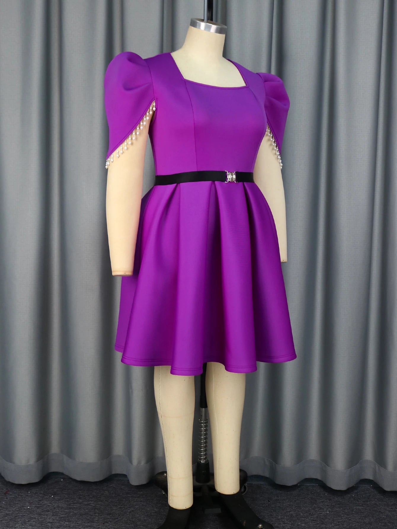 AOMEI Square Neck a Line Puff Sleeves with Beading Elegant Lady Birthday Purple Party Casual Dress with Black Belt